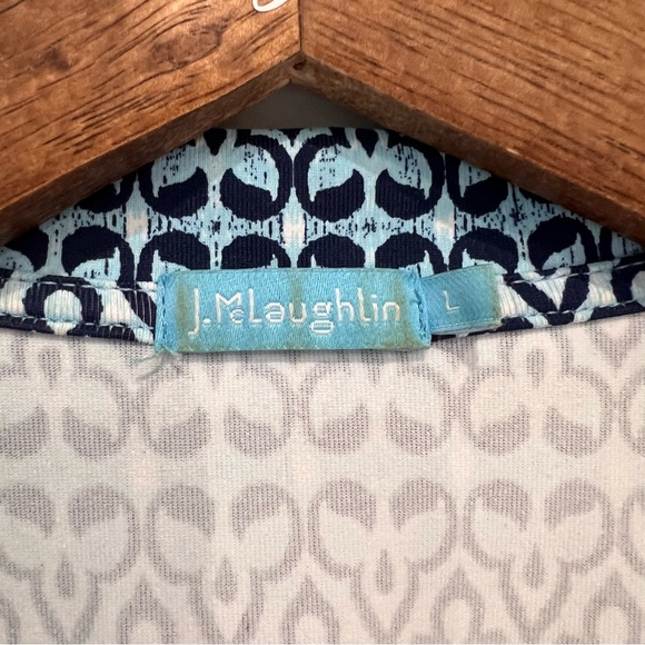 J. McLaughlin True Wrap Dress Short Sleeve Blue Geometric Print Collar Tie, L - Picture 2 of 11